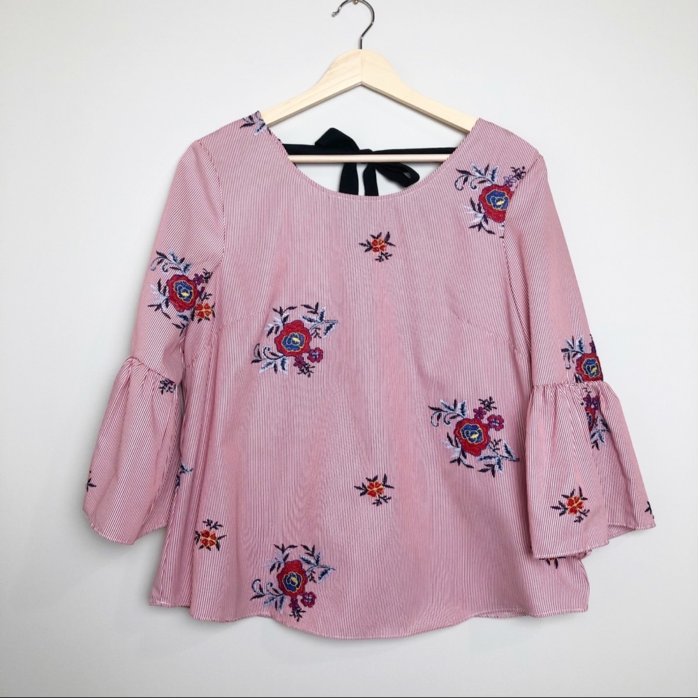 Nine West Red and White PinStripe Bell Sleeve Top | Small - Picture 6 of 14